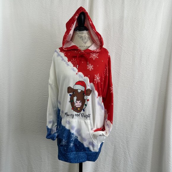 Christmas Hooded Sweatshirt Red White Blue Moo-ey and Bright Cow NWOT - Picture 2 of 7